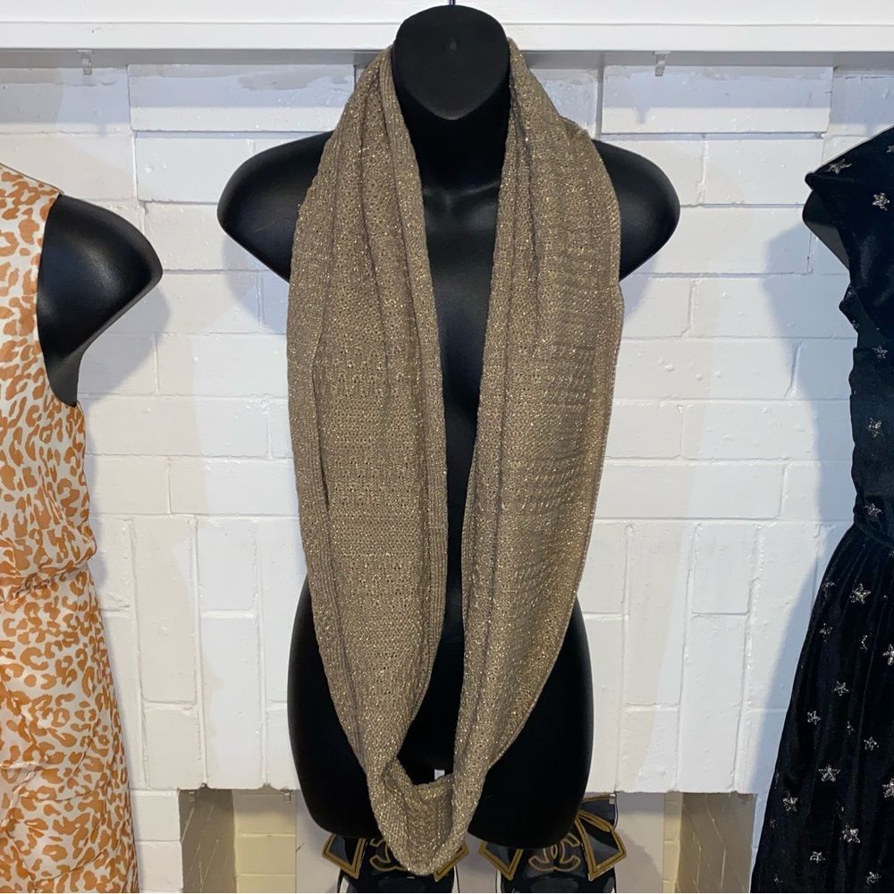 New York & Company Taupe / Beige Infinity Scarf with Metallic Gold thread Detail